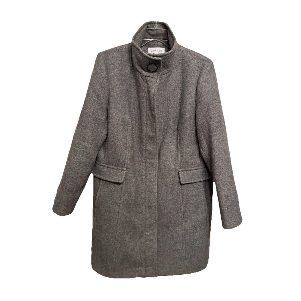 Calvin Klein Wool Blend Gray Tweed Stand Collar Walker Coat Women’s Sz 18 Zips